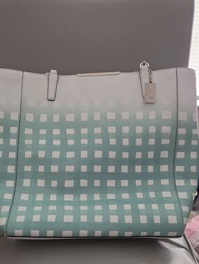 Coach Aqua and White Checkered Tote